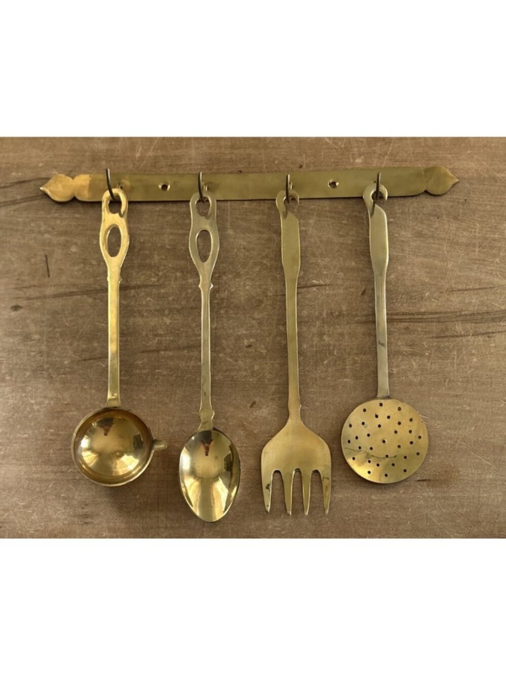 Vintage 4 Piece Brass Cooking Utensil Set with 15" Wall Mount Rack Made in India